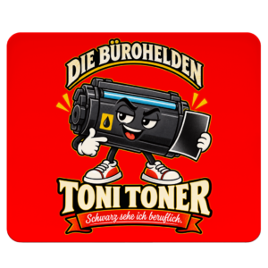 Rotes Mousepad mit Toni Toner aus der Kollektion „Die Bürohelden“.