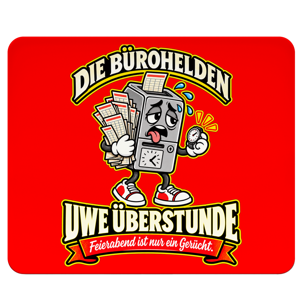 Rotes Mousepad mit Büroheld Uwe Überstunde und dem Spruch „Feierabend ist nur ein Gerücht.“