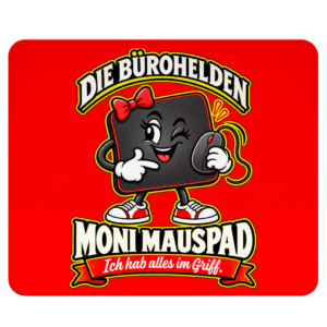 Rotes Mousepad mit Büroheld Uwe Überstunde und dem Spruch „Feierabend ist nur ein Gerücht.“