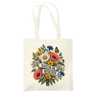 Tragetasche mit Wildblumen, Schmetterling und Schriftzug Natur im Herzen