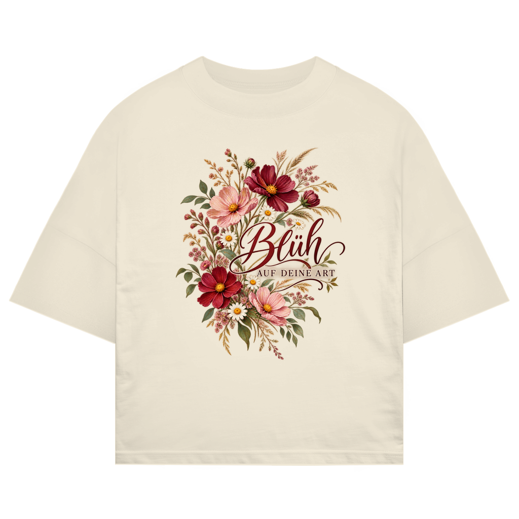 Oversize Shirt mit floralem Motiv und Schriftzug „Blüh auf deine Art“