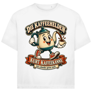 Weißes Oversize-Shirt mit dem Retro-Motiv Kurt Kaffeekanne und dem Spruch „Ich schenke gerne nach.“