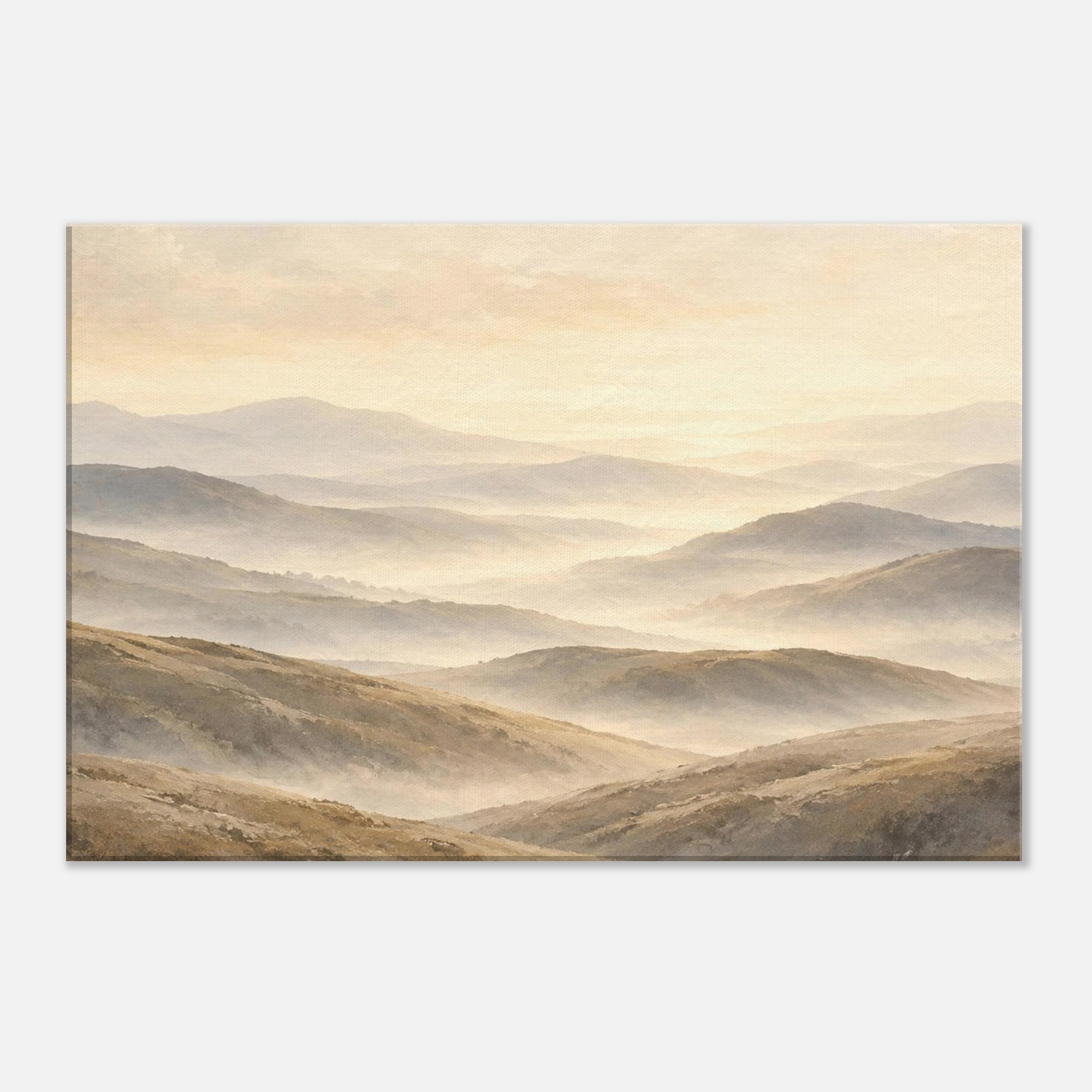 Leinwand „Stille Weite“ mit sanften Nebelhügeln in warmen Beige- und Taupetönen.