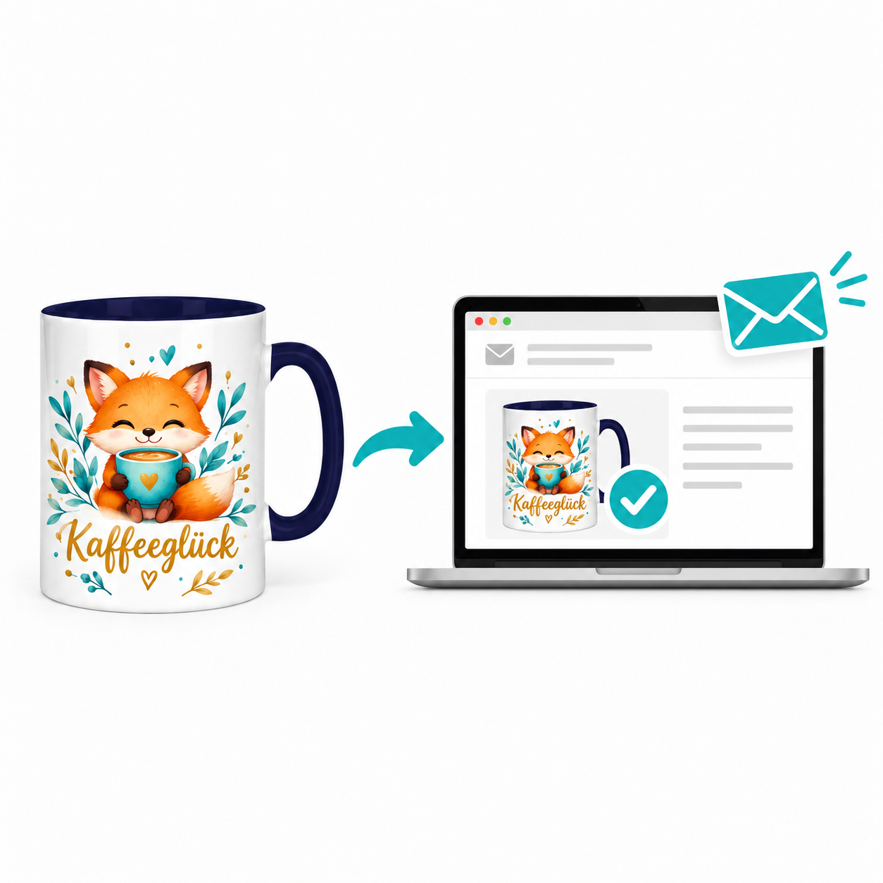 Illustration: Entwurf der Kaffeeglück-Tasse per E-Mail prüfen und freigeben
