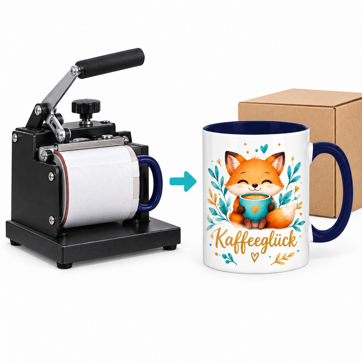 Illustration: Tassenpresse und fertig bedruckte Kaffeeglück-Tasse