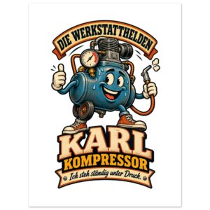 Poster Karl Kompressor mit blauem Comic-Kompressor und dem Spruch „Ich steh ständig unter Druck“ auf weißem Hintergrund.