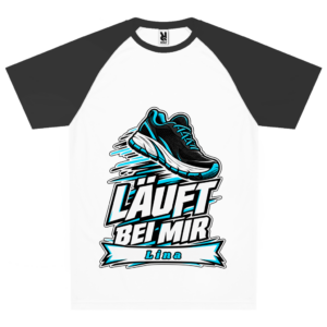 Personalisiertes Team-Trikot mit Laufschuh, türkisfarbenen Bewegungslinien, dem Schriftzug „Läuft bei mir“ und dem Beispielnamen Lina auf der Namensleiste.