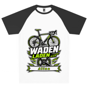 Personalisiertes Team-Trikot mit Rennrad, Kettenblatt, grünen Akzenten, dem Schriftzug „Waden laden …“ und einem Namen auf der Namensleiste.