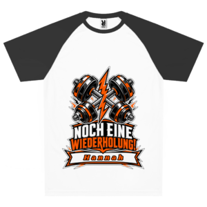 Personalisiertes Team-Trikot mit gekreuzten Hanteln, orangefarbenem Blitz, dem Schriftzug „Noch eine Wiederholung!“ und einem Namen auf der Namensleiste.
