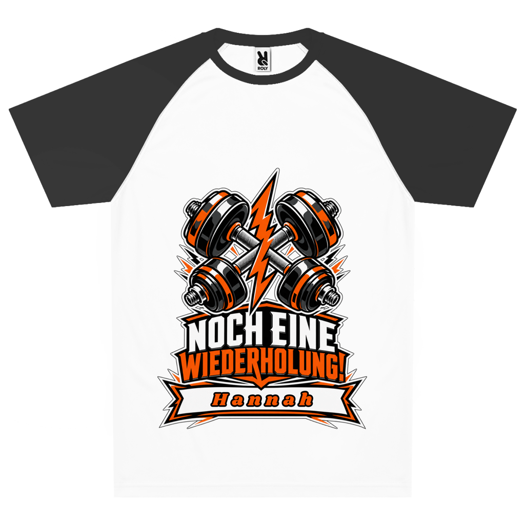 Personalisiertes Team-Trikot mit gekreuzten Hanteln, orangefarbenem Blitz, dem Schriftzug „Noch eine Wiederholung!“ und einem Namen auf der Namensleiste.