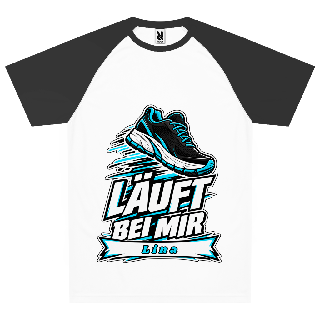 Personalisiertes Team-Trikot mit Laufschuh, türkisfarbenen Bewegungslinien, dem Schriftzug „Läuft bei mir“ und dem Beispielnamen Lina auf der Namensleiste.
