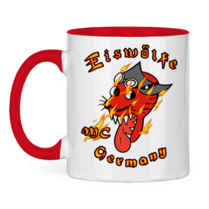 Tasse zweifarbig MC Eiswölfe mit Motiv: Comicflame
