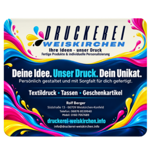 Mauspad von Druckerei Weiskirchen mit farbigen Wellen, Firmenlogo, Slogan und Kontaktdaten auf dunkelblauem Hintergrund.