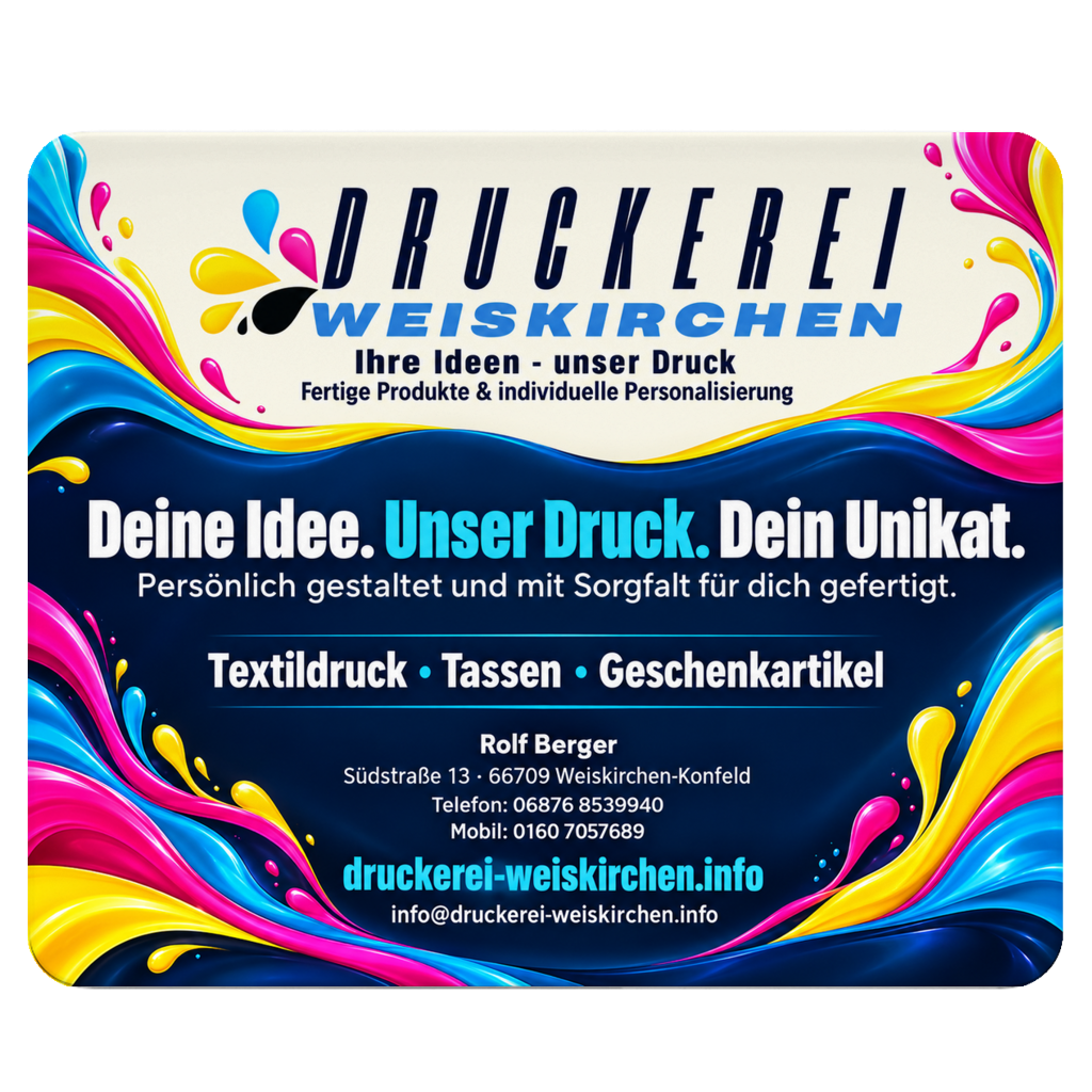 Mauspad von Druckerei Weiskirchen mit farbigen Wellen, Firmenlogo, Slogan und Kontaktdaten auf dunkelblauem Hintergrund.