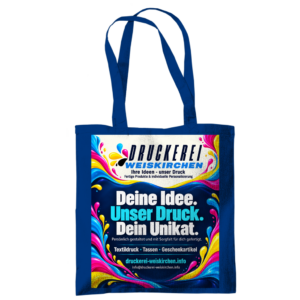 Stofftasche in Bright Royal mit dem Logo von Druckerei Weiskirchen, bunten Farbwellen und dem Slogan „Deine Idee. Unser Druck. Dein Unikat.“